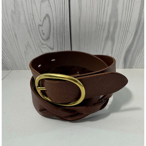 Fossil Leather Belt Twisted Center Braid Brass Brown/Cognac Oval Buckle Large - Picture 1 of 8